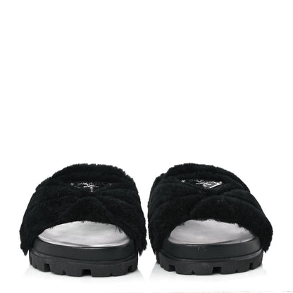 Prada Montone Metal Triangle Logo Lug Sole 20mm Slide Sandals 37.5 Black 2 of 9