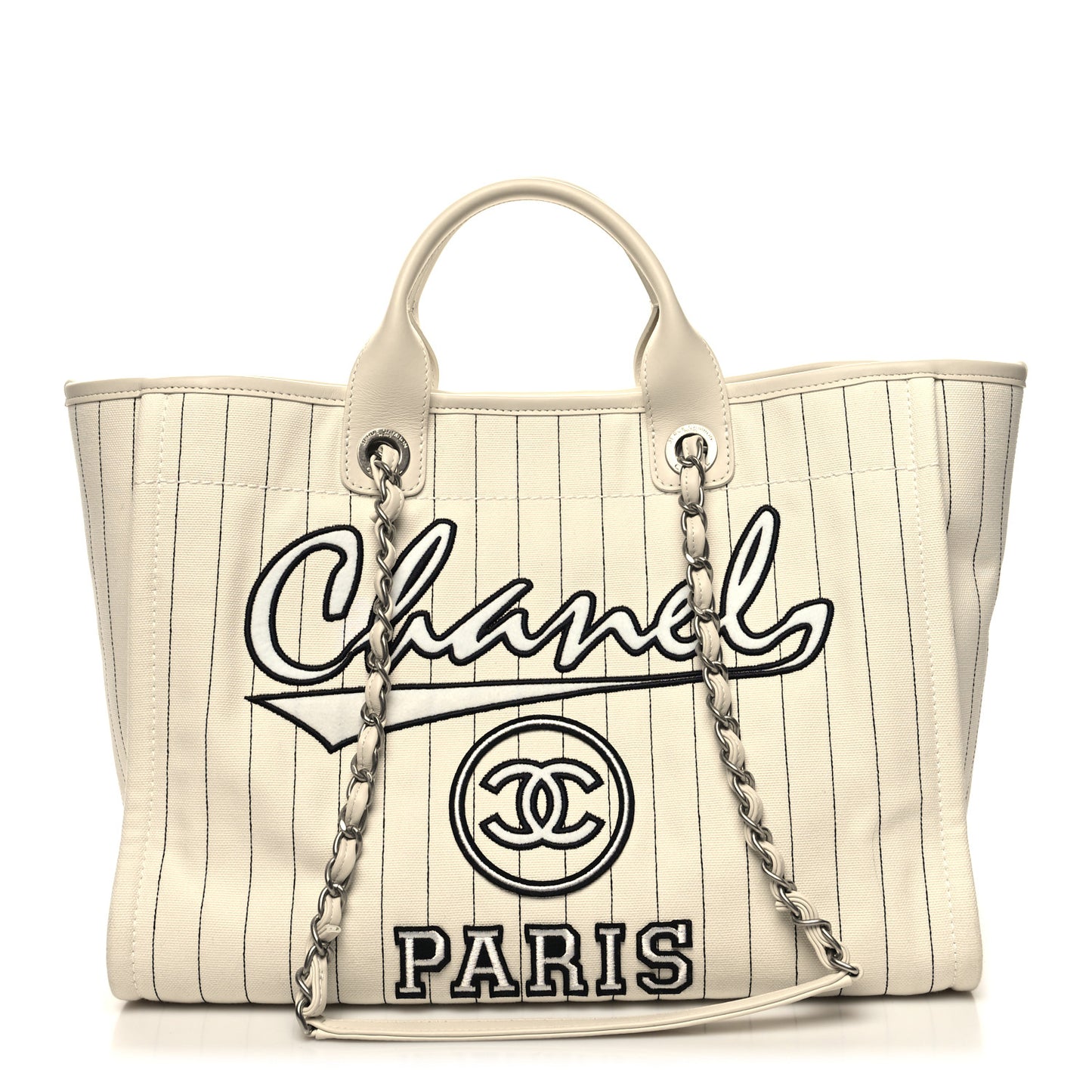 Canvas Calfskin Striped Medium Deauville Tote White Black