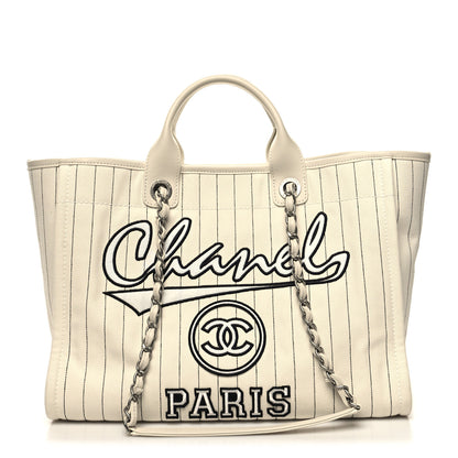 Chanel Canvas Calfskin Striped Medium Deauville Tote White Black 3 of 14
