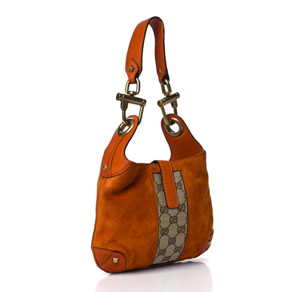 Gucci Suede Monogram Mini Piston Lock Jackie O Hobo Orange 3 of 11