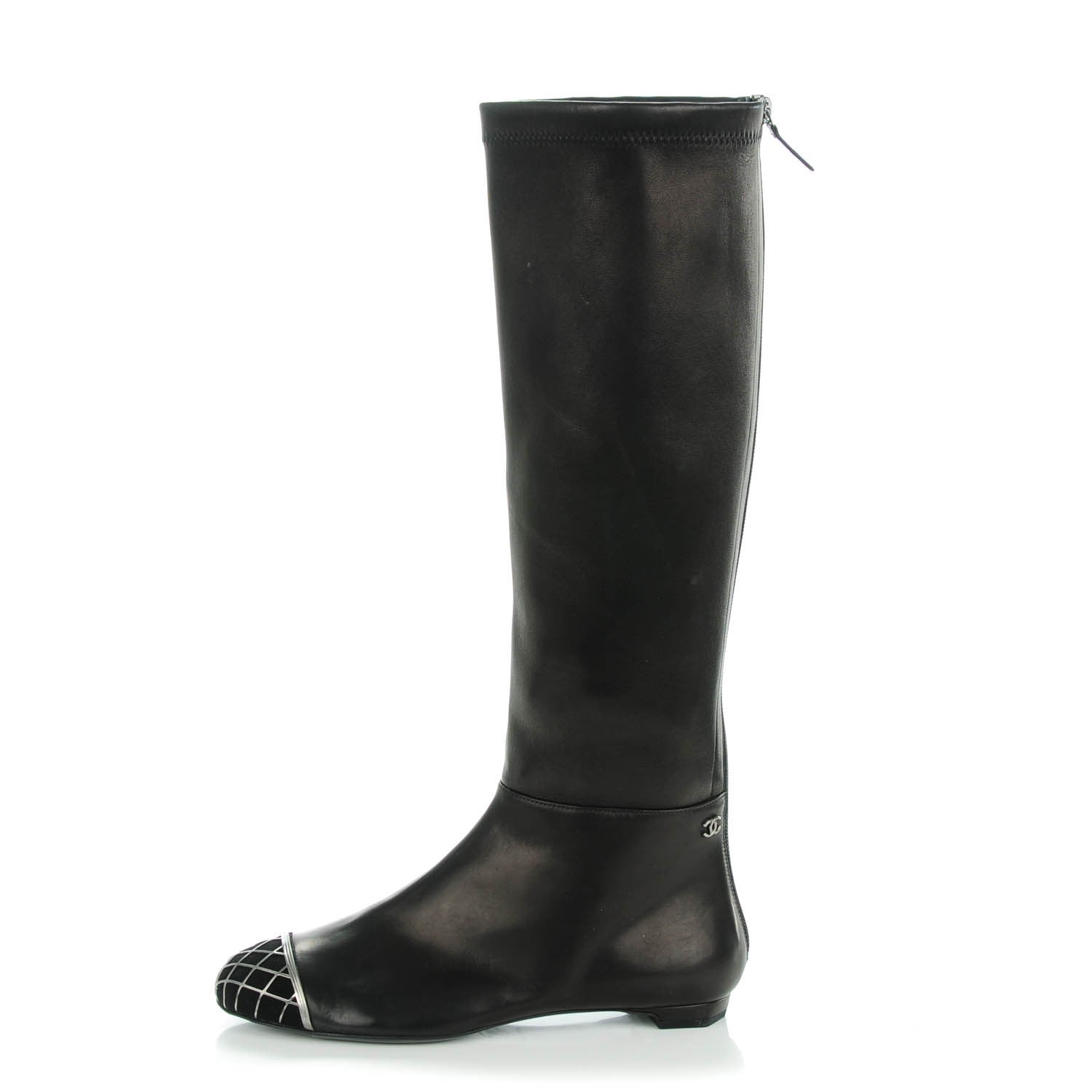 Chanel Lambskin Suede Caged Cap Toe High Boots 37 Black 1 of 6