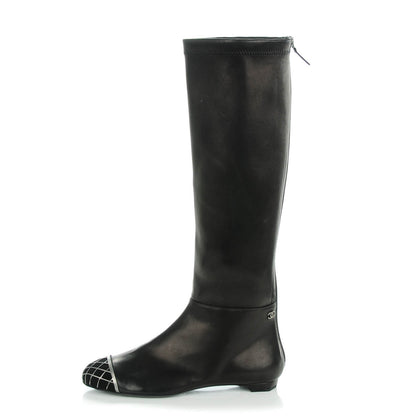 Chanel Lambskin Suede Caged Cap Toe High Boots 37 Black 1 of 6
