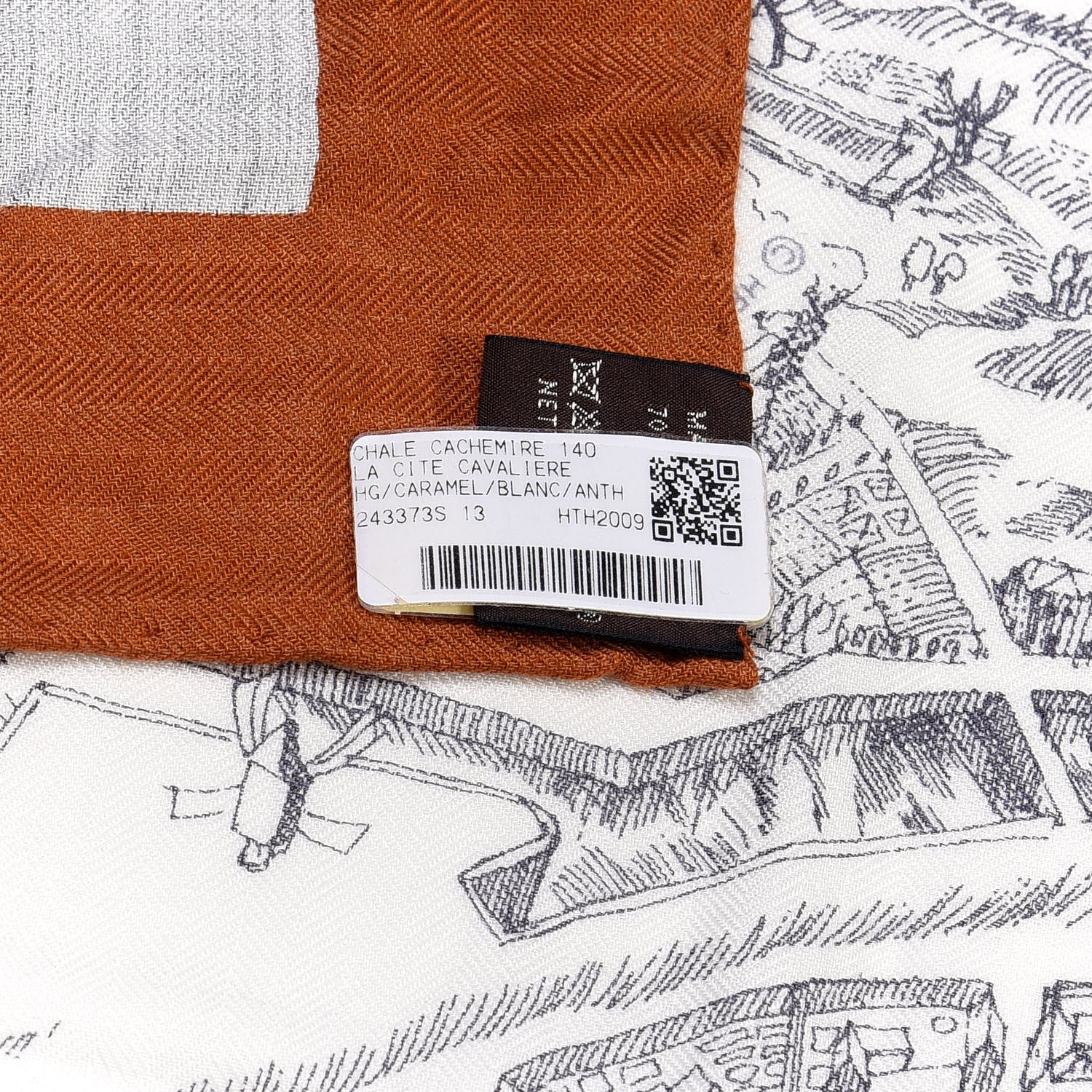 Hermes Cashmere Silk La Cite Cavaliere Shawl 140 Caramel White Anthracite 3 of 4