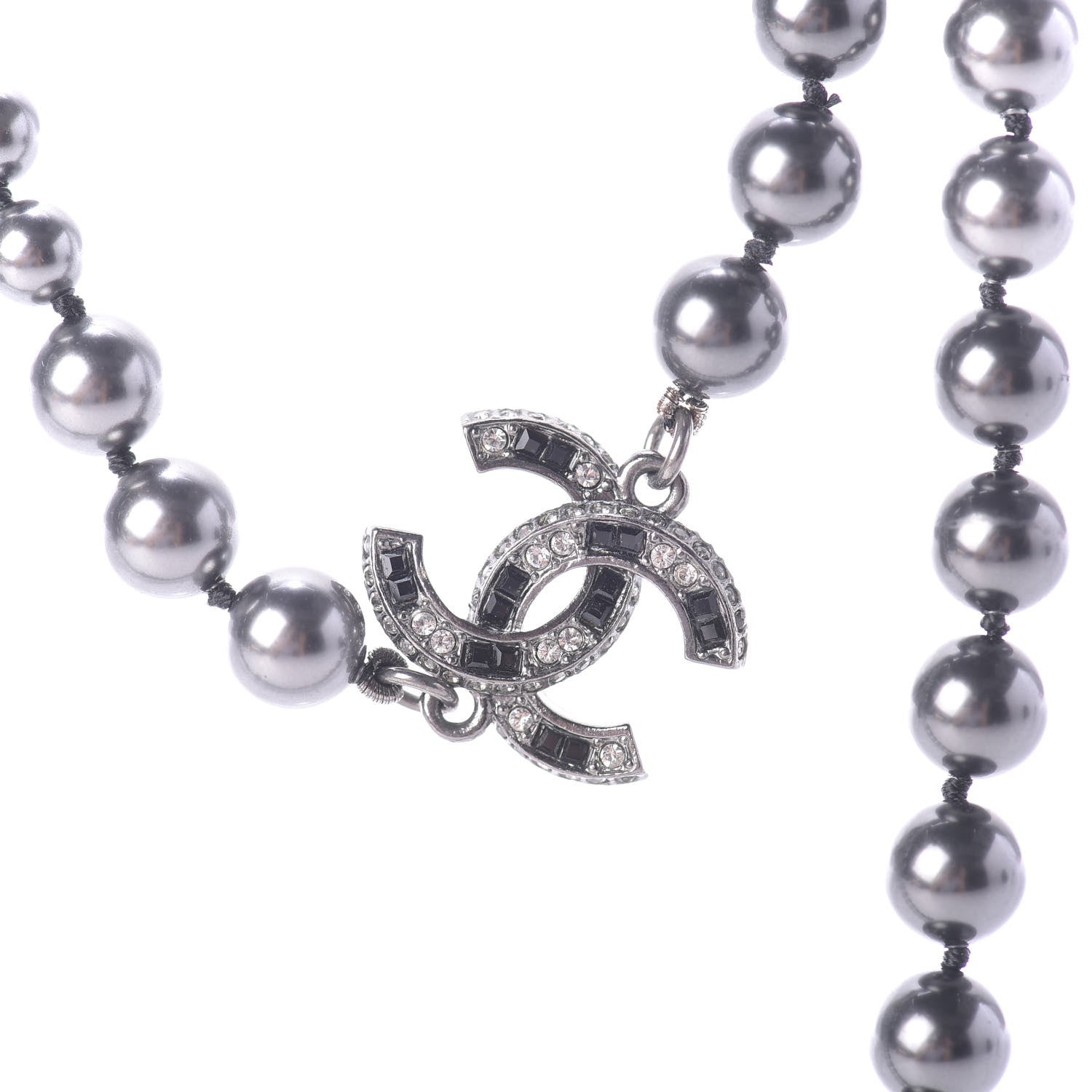 Chanel Ruthenium Crystal Baguette Pearl Beaded CC Long Necklace Black Grey 7 of 7