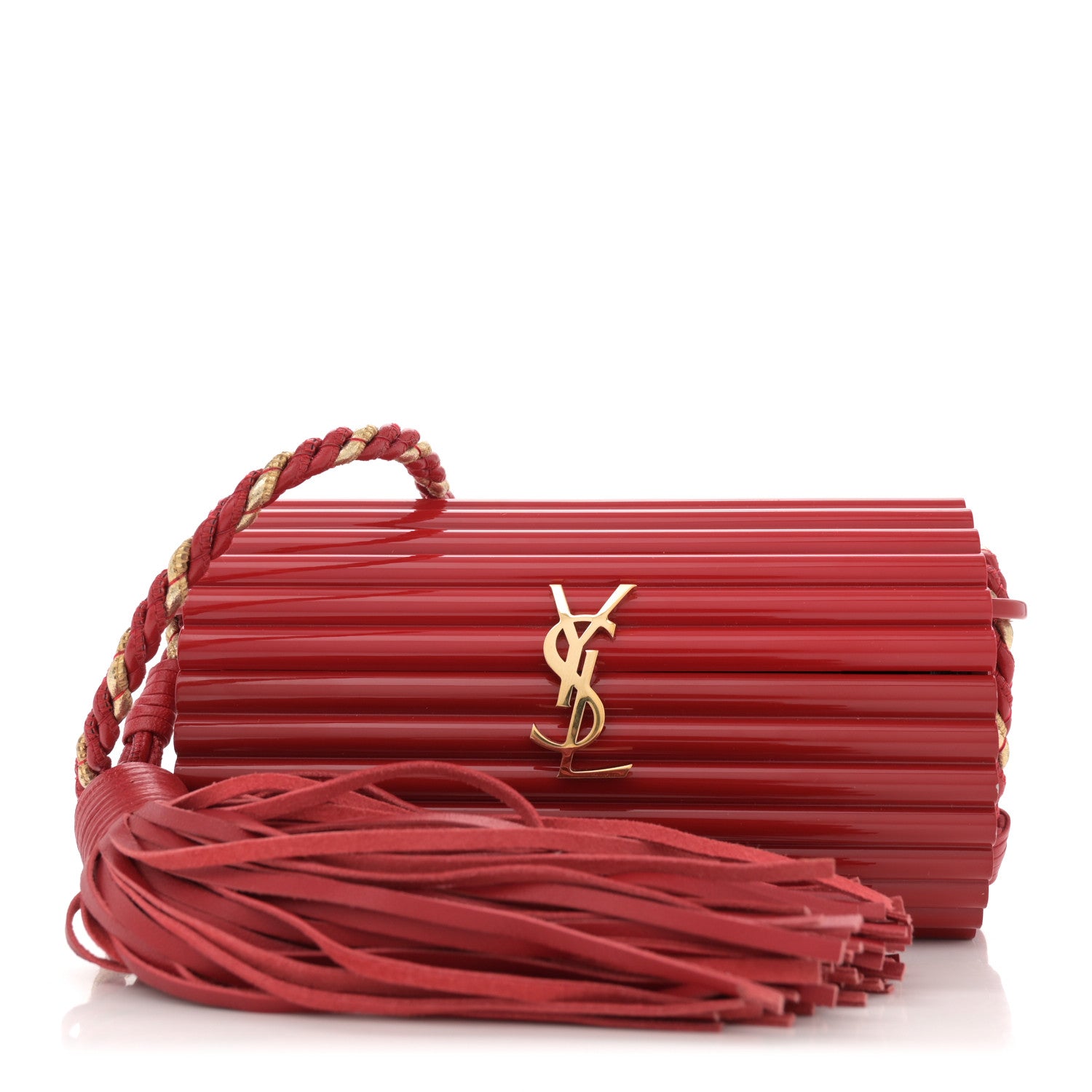 Saint Laurent Ribbed Plexiglass Lambskin Fringe Monogram Opium Box Bag Red 1 of 10