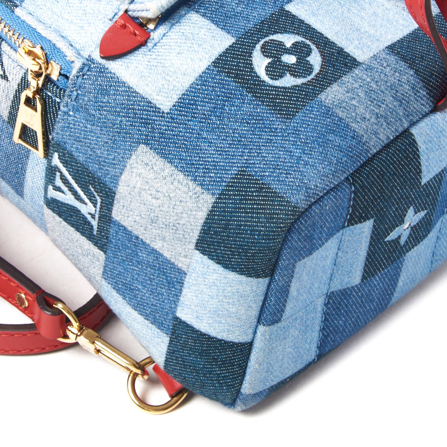 Denim Damier Monogram Patchwork Palm Springs Backpack Mini Blue Rouge