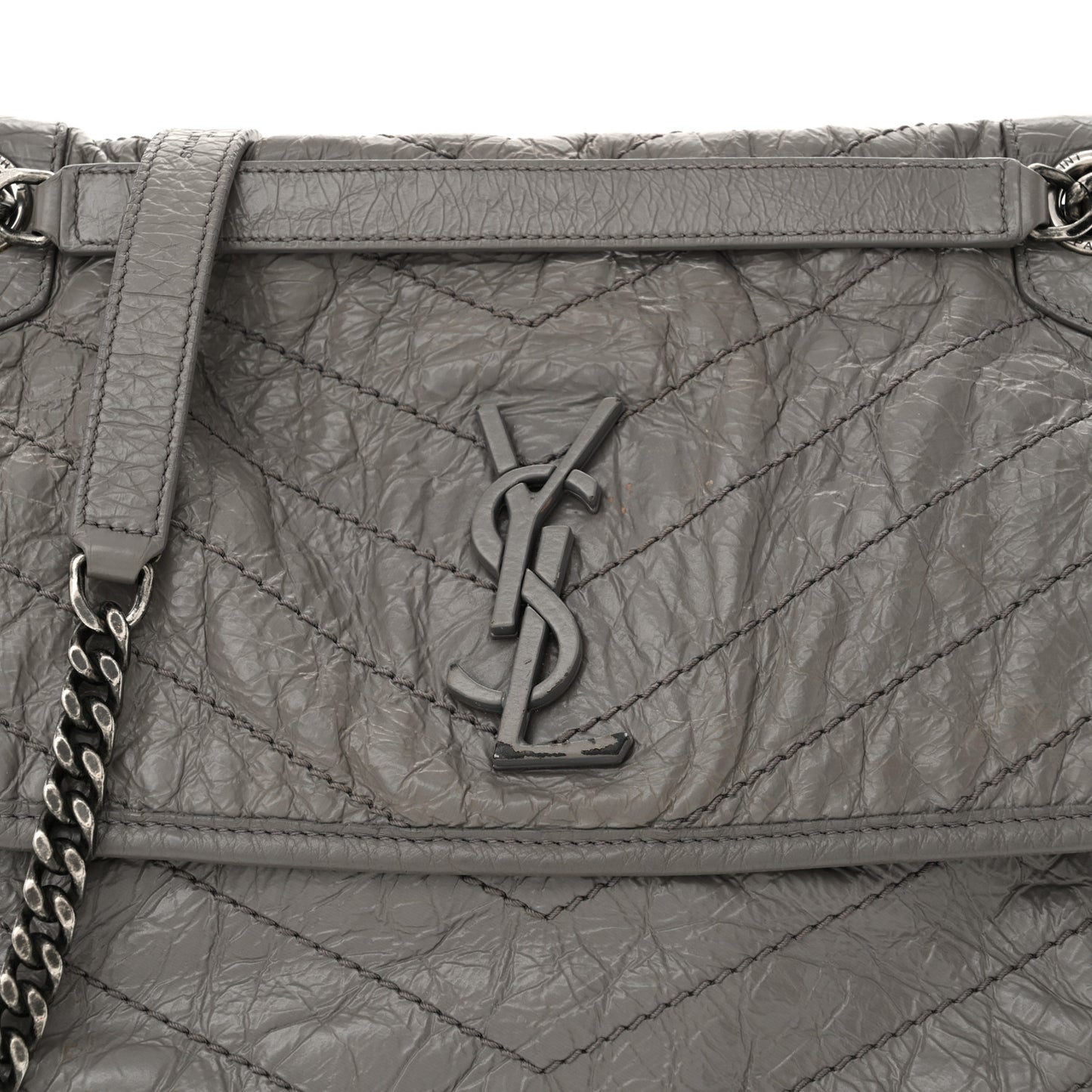 Crinkled Calfskin Matelasse Monogram Medium Niki Chain Satchel Fog