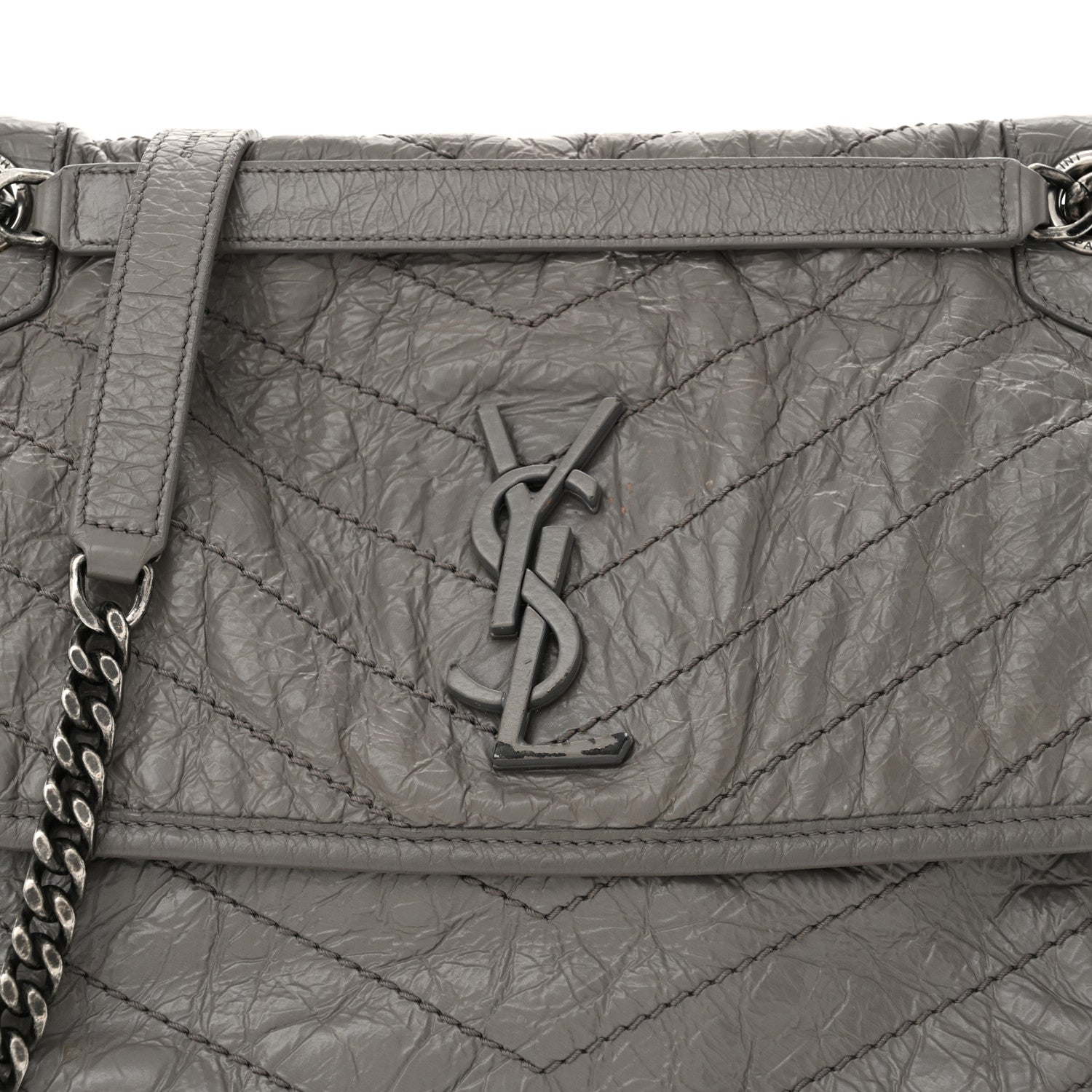 Saint Laurent Crinkled Calfskin Matelasse Monogram Medium Niki Chain Satchel Fog 8 of 13