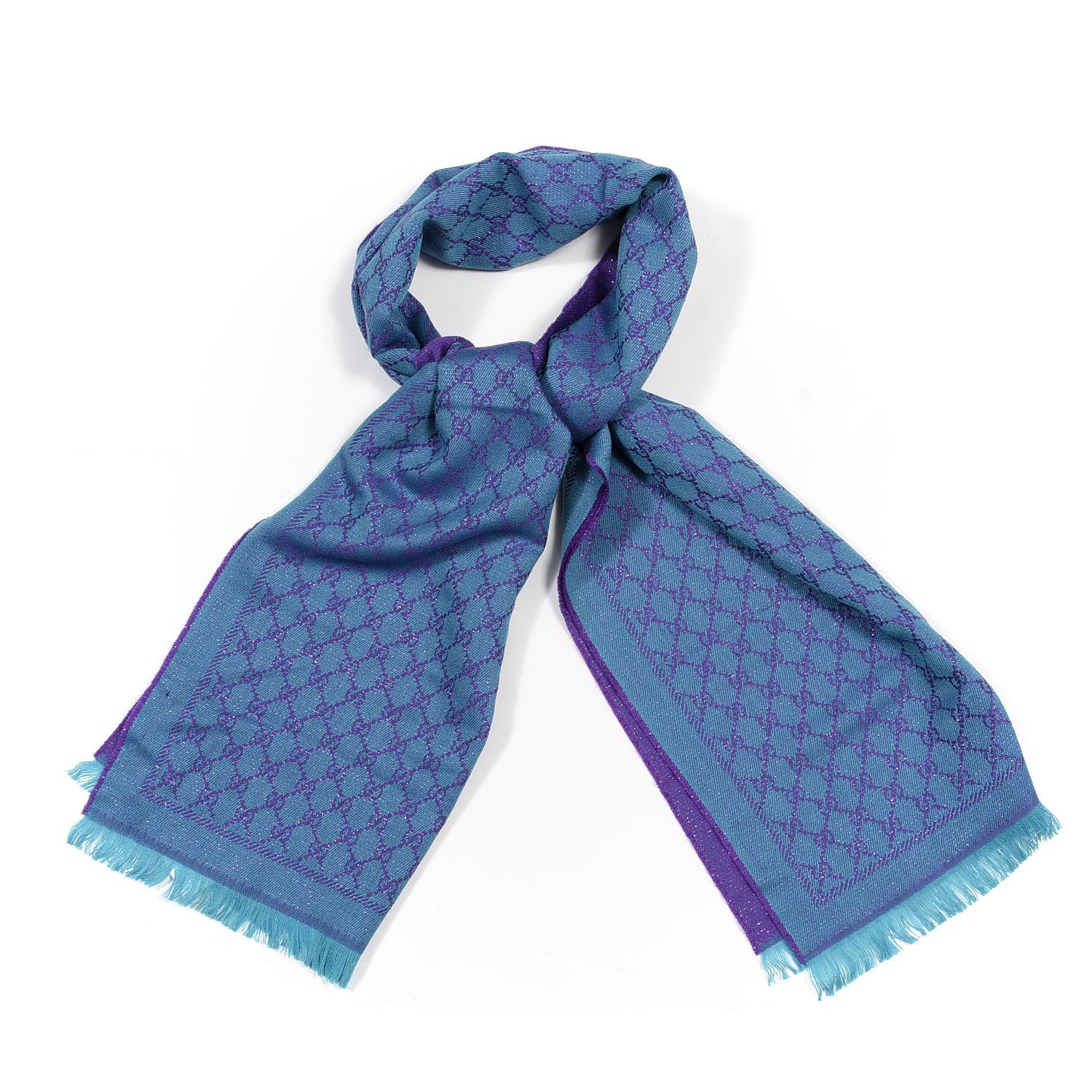 Gucci Wool Lame Jacquard GG Monogram Stenlux Scarf Turquoise Blue Dark Purple 1 of 4