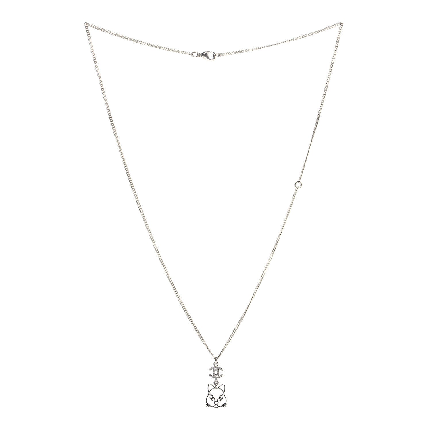 Chanel Crystal Emoji Choupette Cat Pendant Necklace Silver 4 of 8