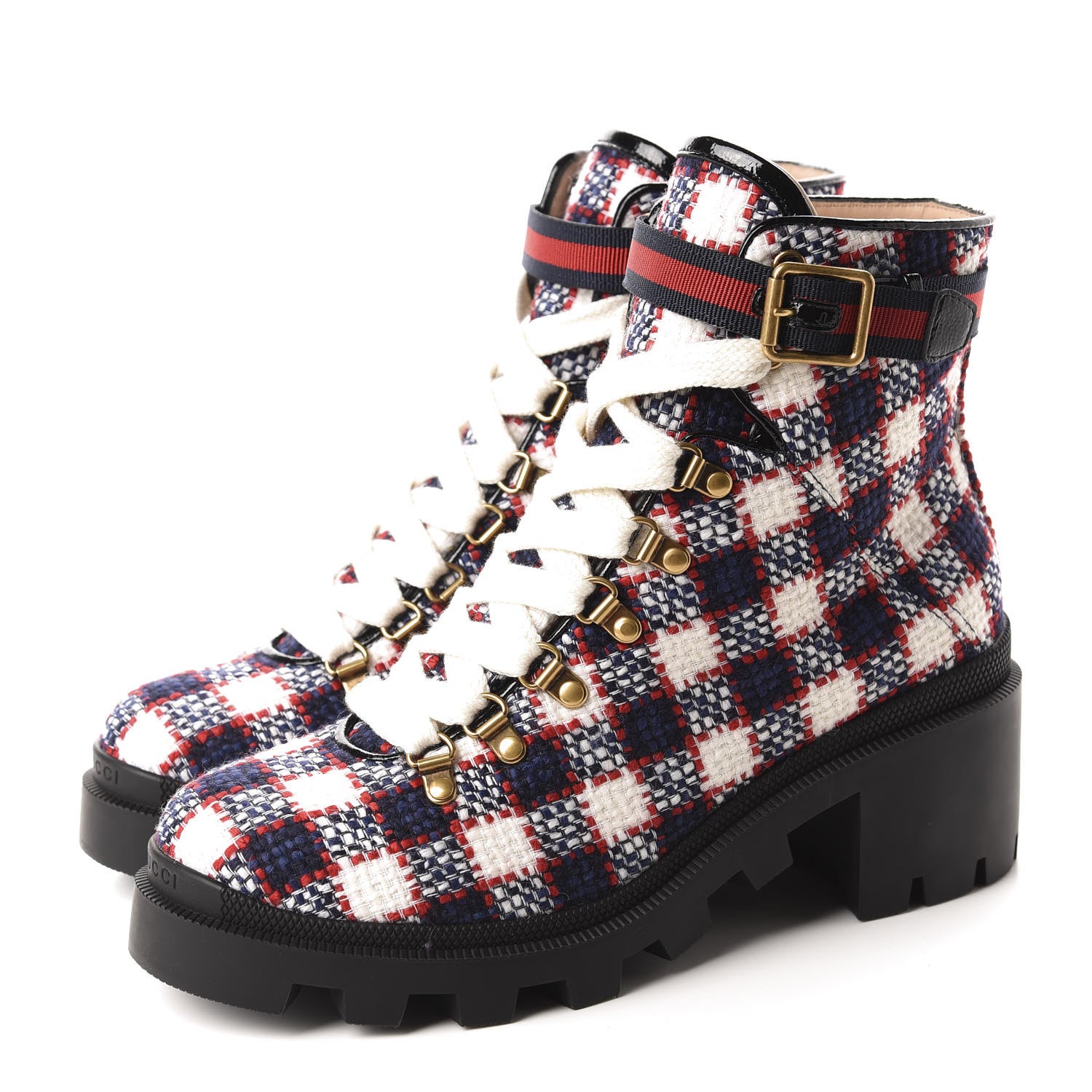 Gucci Vintage Tweed Check Lace Up Combat Ankle Boots 40.5 White Hibiscus Red Marine 3 of 10