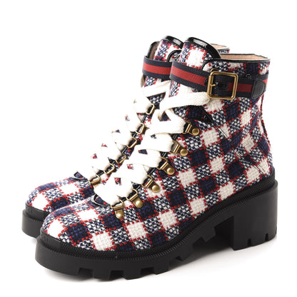 Gucci Vintage Tweed Check Lace Up Combat Ankle Boots 40.5 White Hibiscus Red Marine 3 of 10
