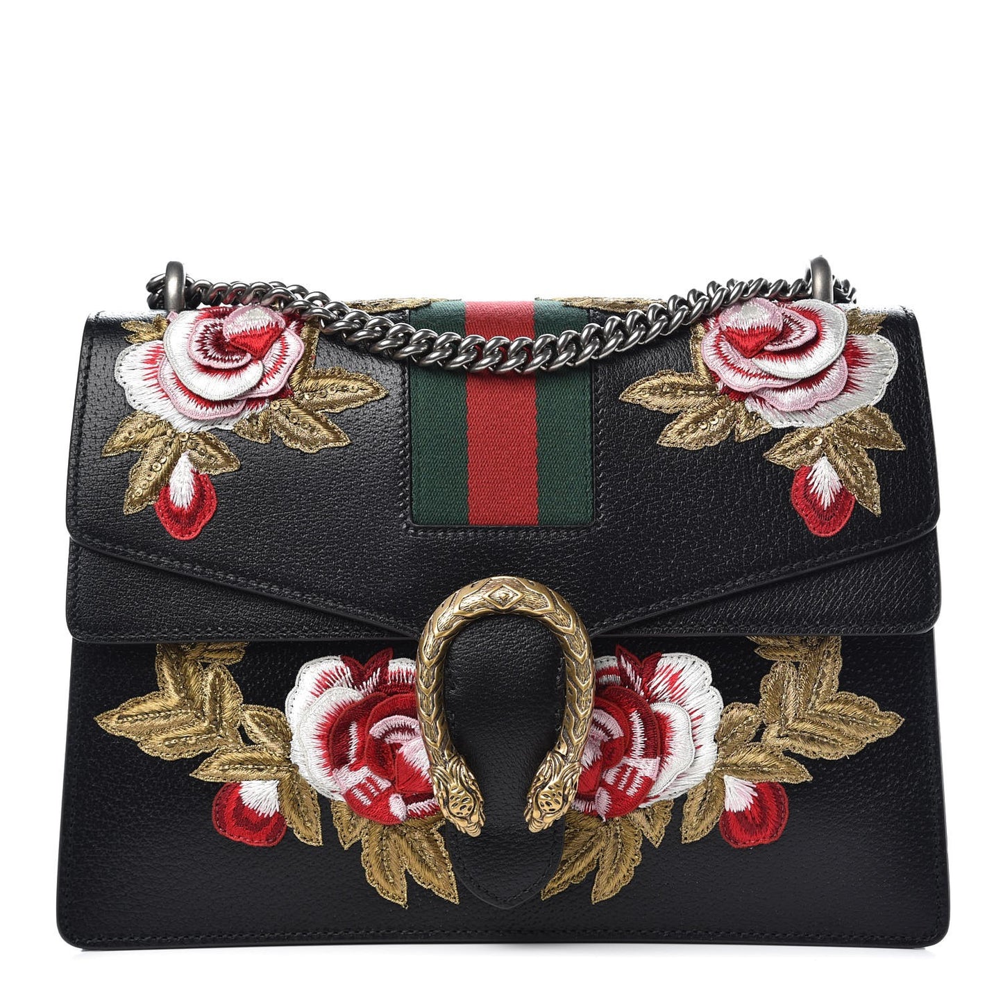 Calfskin Web Floral Embroidered Medium Dionysus Shoulder Bag Black