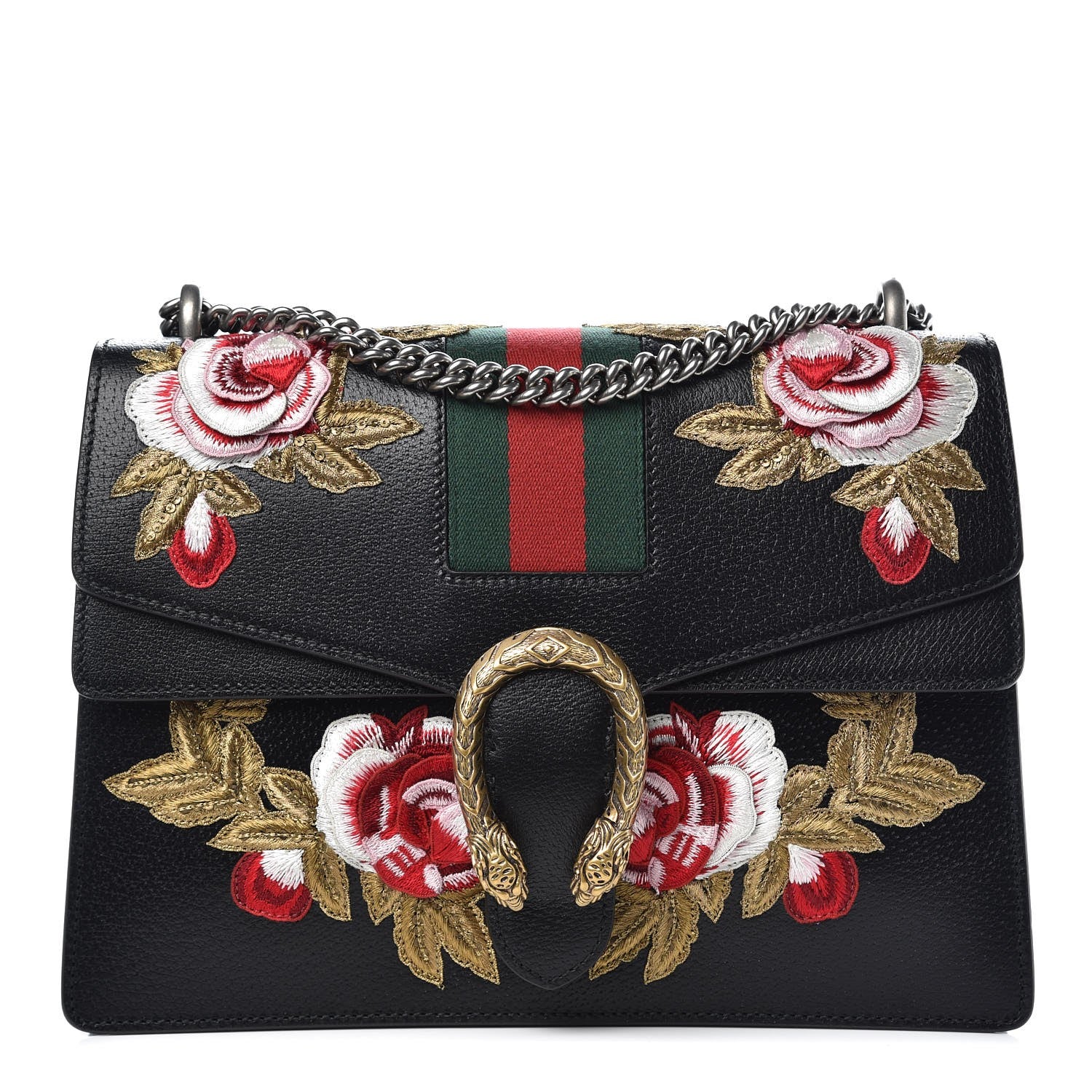 Gucci Calfskin Web Floral Embroidered Medium Dionysus Shoulder Bag Black 1 of 8