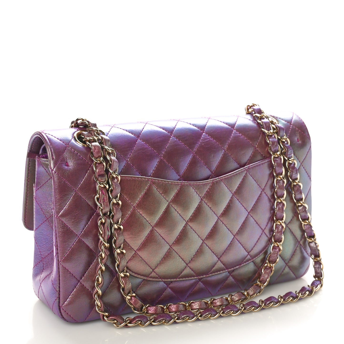 Iridescent Lambskin Quilted Medium Double Flap Purple