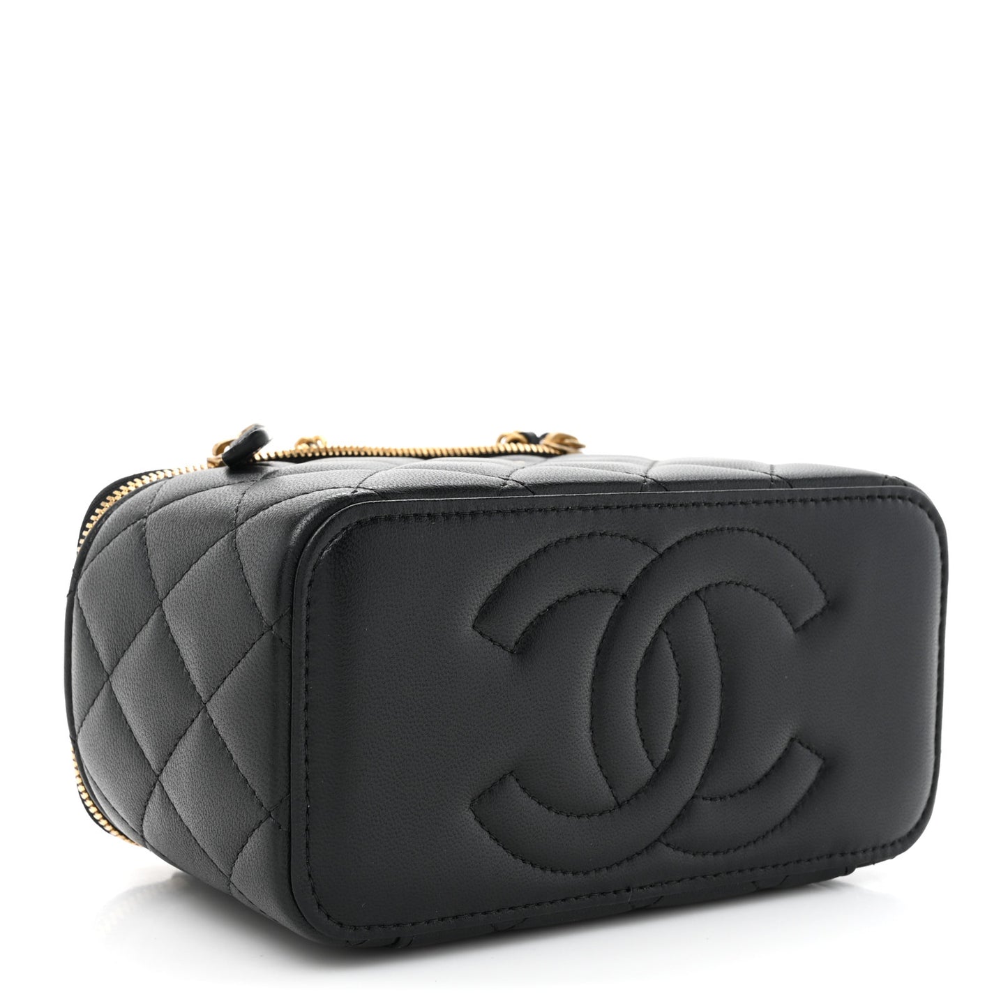 Lambskin Enamel Quilted Small Coco Hearts Vanity Case With Chain Black