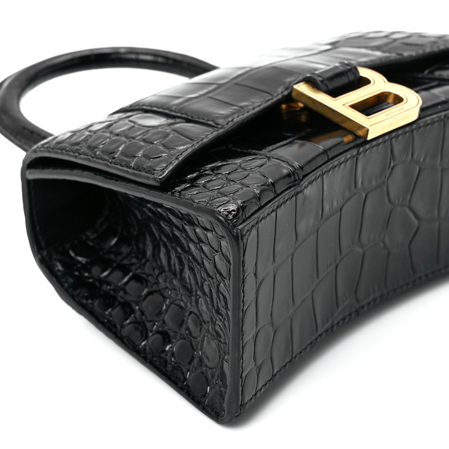 Shiny Calfskin Crocodile Embossed Hourglass Top Handle Bag XS Black