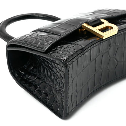 Balenciaga Shiny Calfskin Crocodile Embossed Hourglass Top Handle Bag XS Black 10 of 11