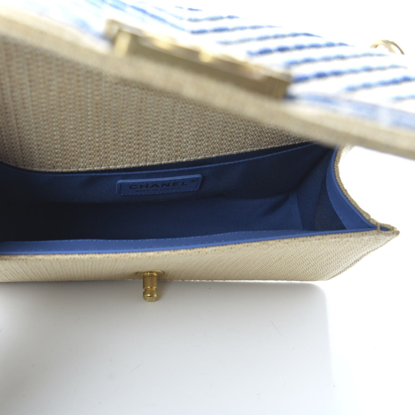 Cotton Canvas Calfskin Chevron Embroidered Medium Boy Flap Beige Blue