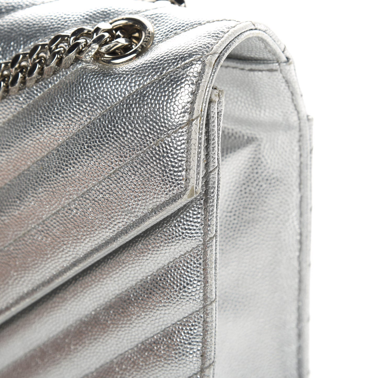 Metallic Grain De Poudre Matelasse Chevron Medium Monogram Satchel Silver