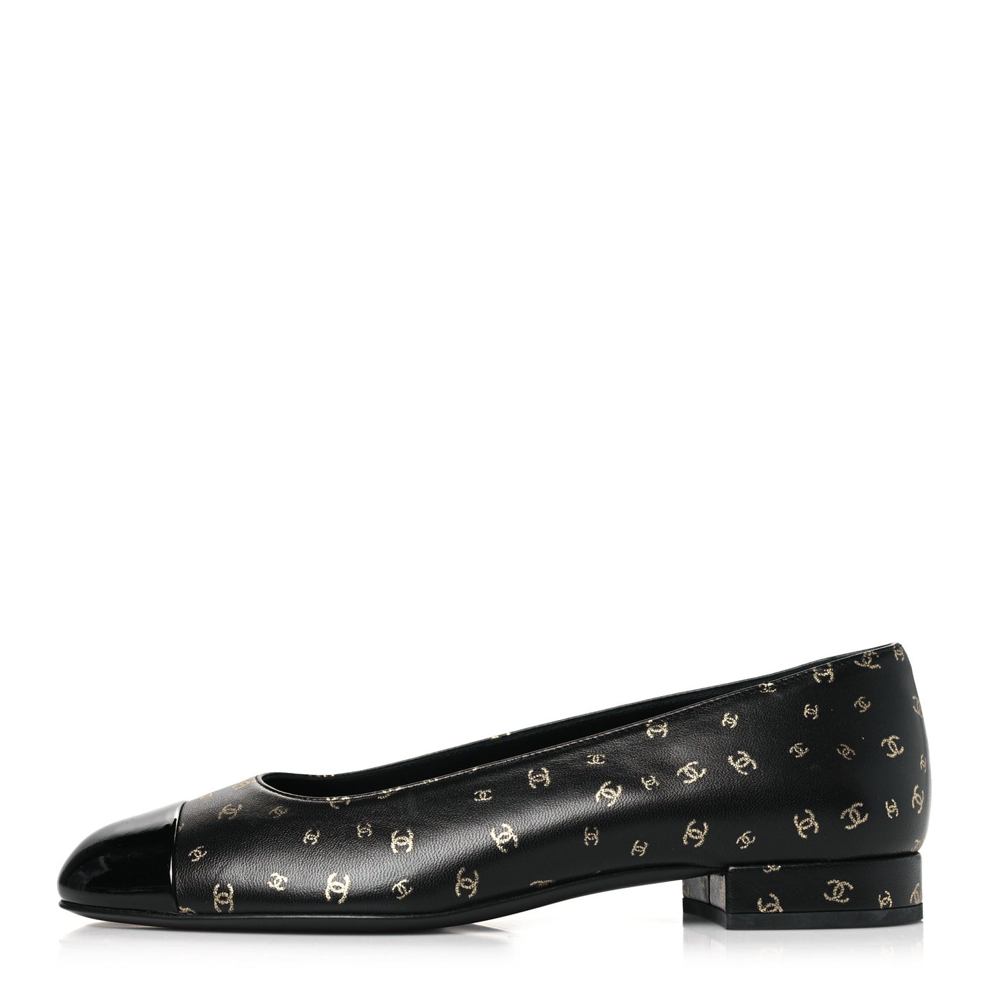 Lambskin Patent Calfskin Printed CC Cap Toe Ballerina Flats 36.5 Black Gold