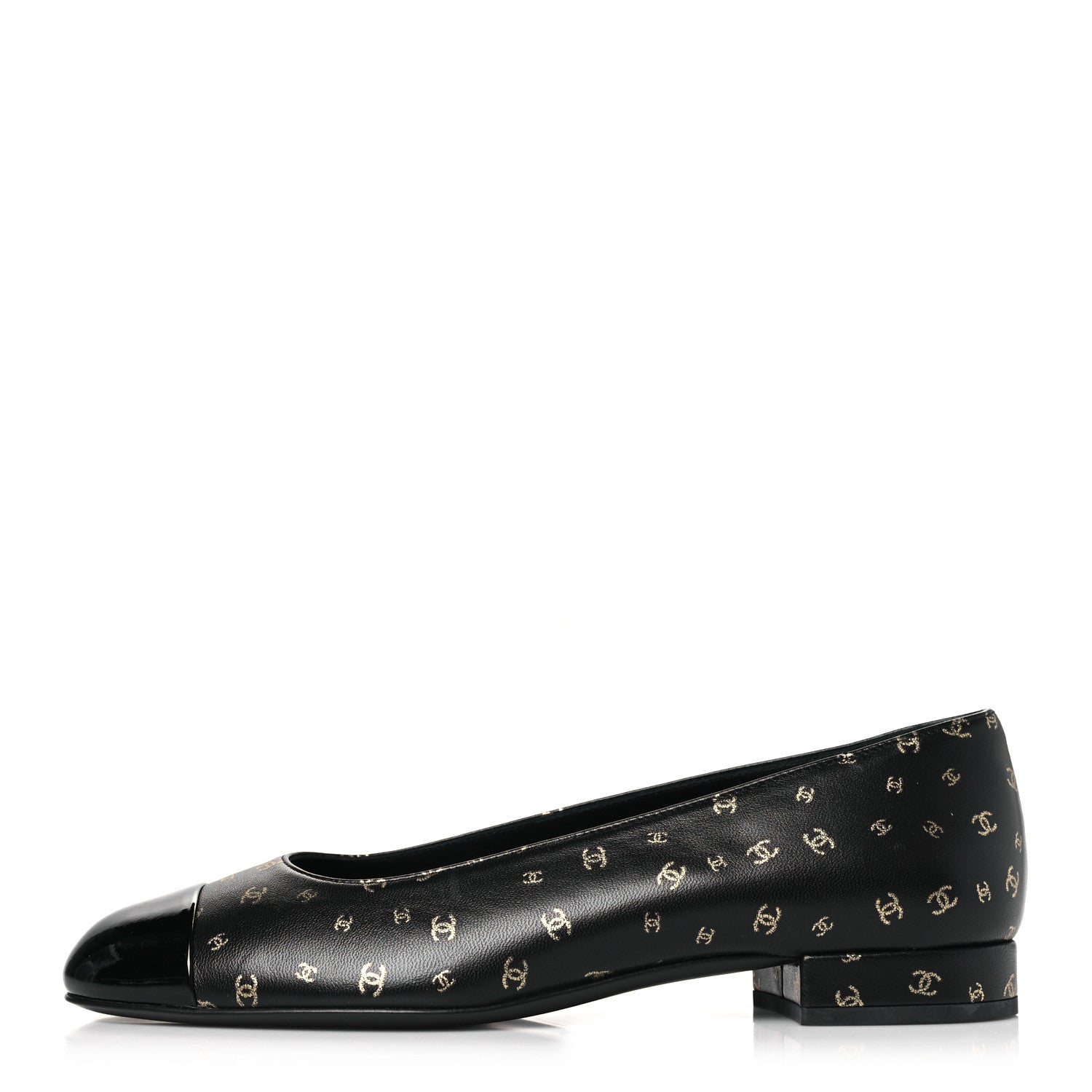 Chanel Lambskin Patent Calfskin Printed CC Cap Toe Ballerina Flats 36.5 Black Gold 1 of 9