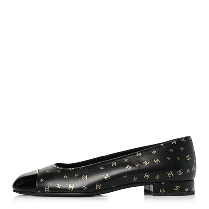 Chanel Lambskin Patent Calfskin Printed CC Cap Toe Ballerina Flats 36.5 Black Gold 1 of 9