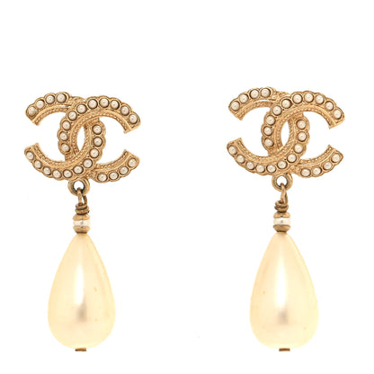 Chanel Pearl CC Drop Earrings Gold Pearly White 1 of 5