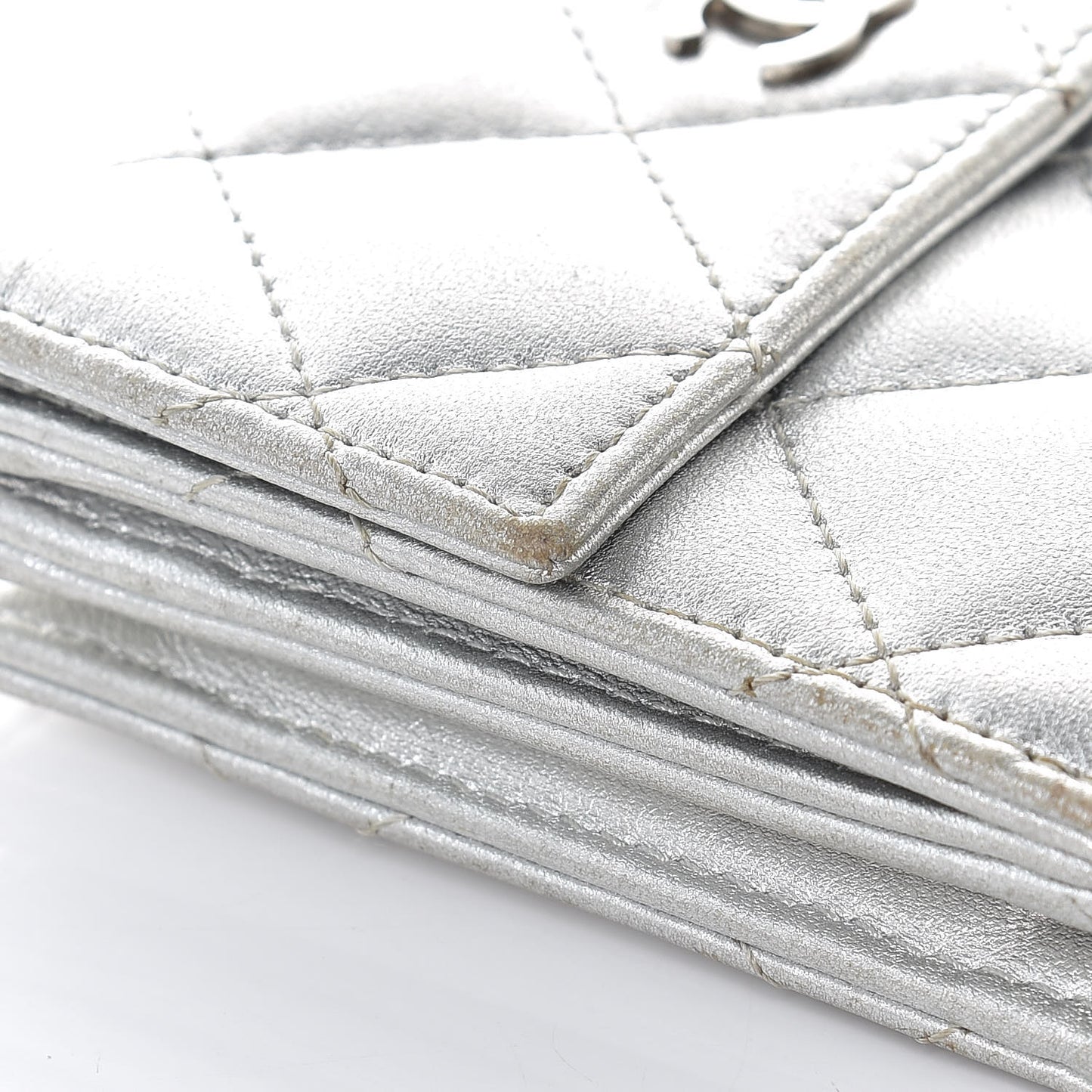 Metallic Lambskin Quilted Compact French Flap Wallet Silver