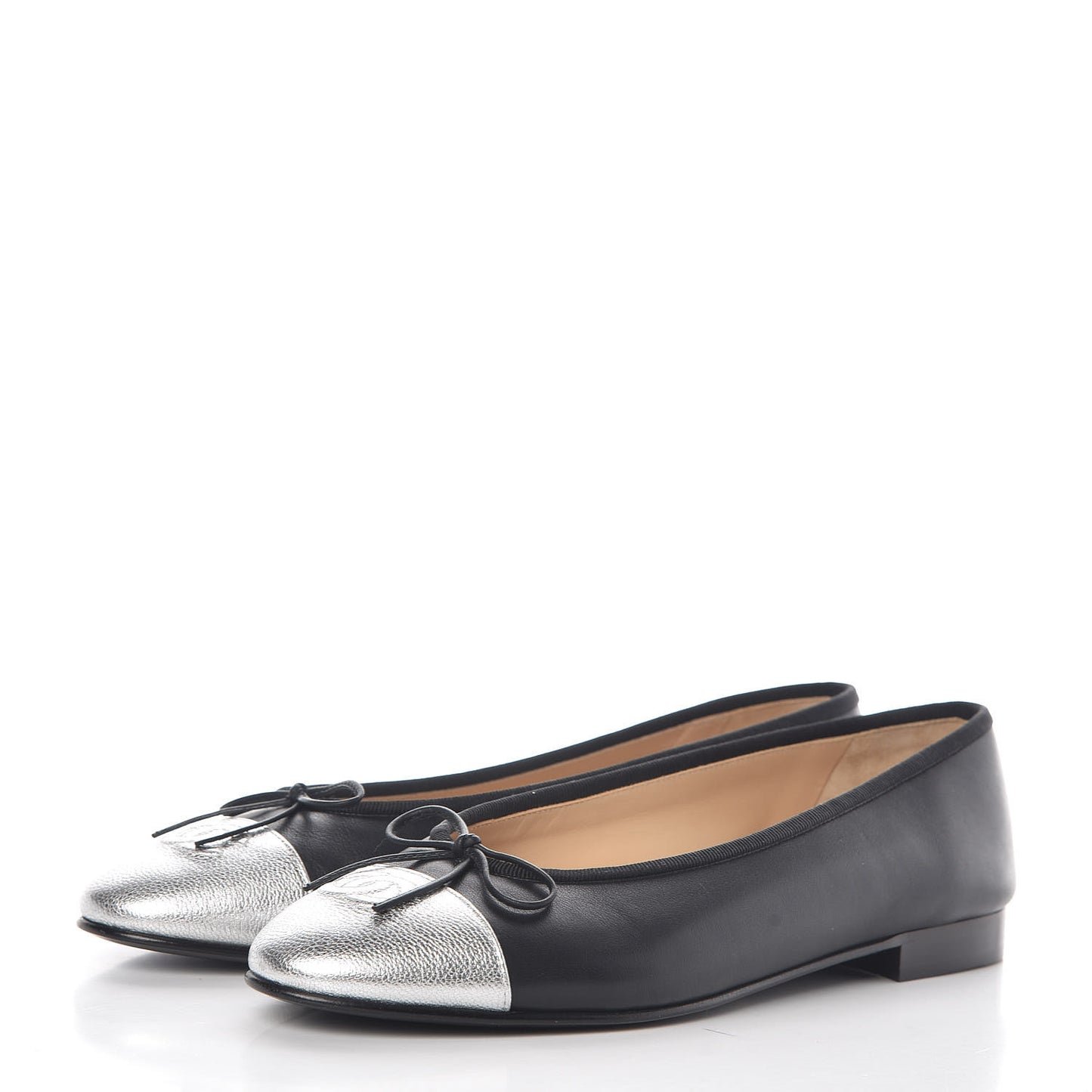 Calfskin Metallic Goatskin CC Cap Toe Ballerina Flats 39.5 Black Silver