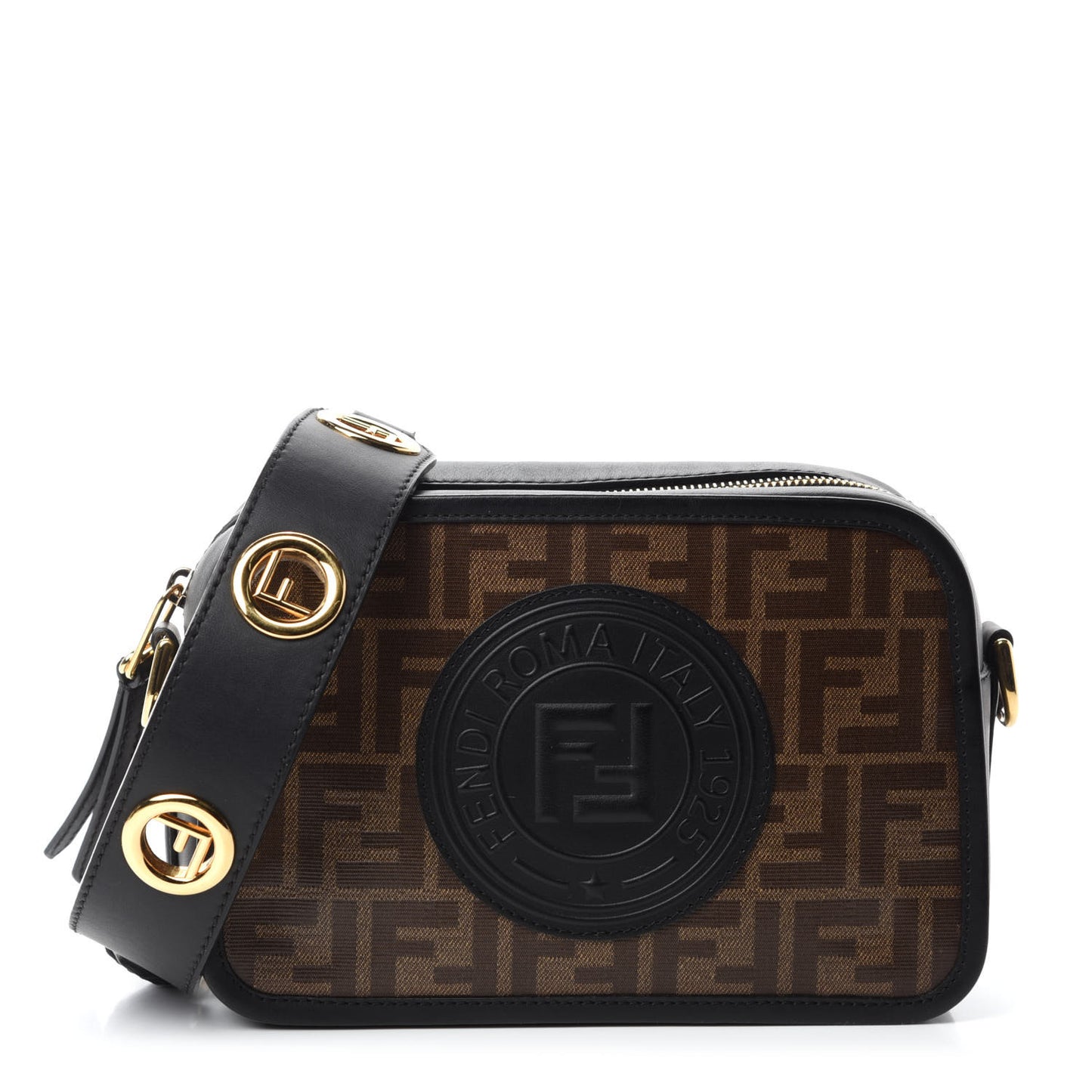 Glazed Fabric Vitello Century F is Fendi FF 1974 Stamp Patch Camera Case Mogano Panna Black