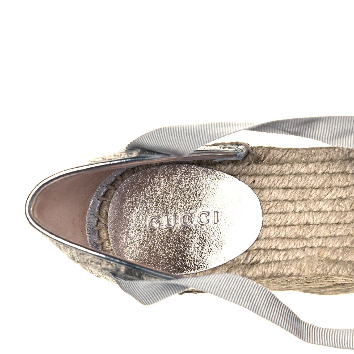 Gucci Lame GG Monogram Ankle Wrap Platform Espadrille Wedges 37 Silver Beige Light Grey 7 of 9