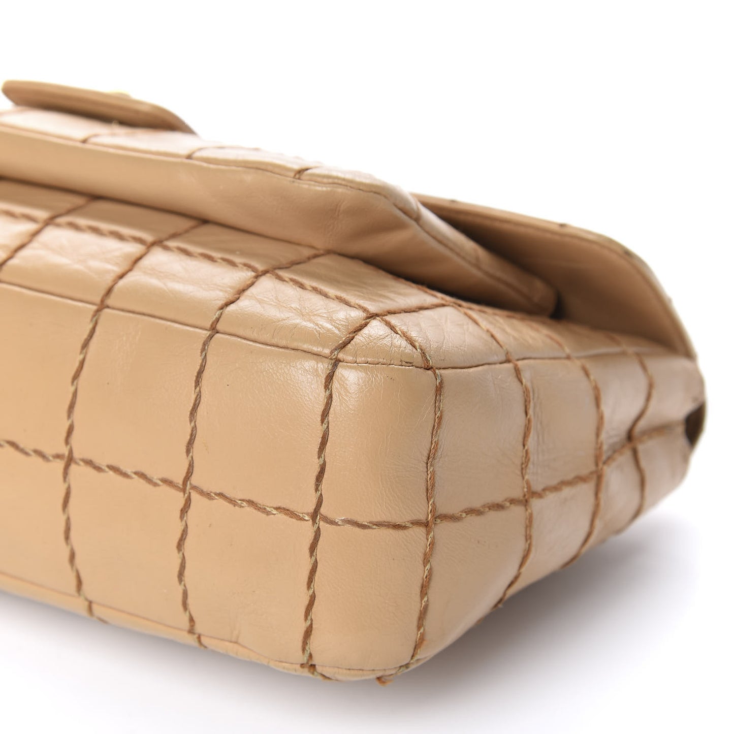 Lambskin Square Double Stitch Flap Beige