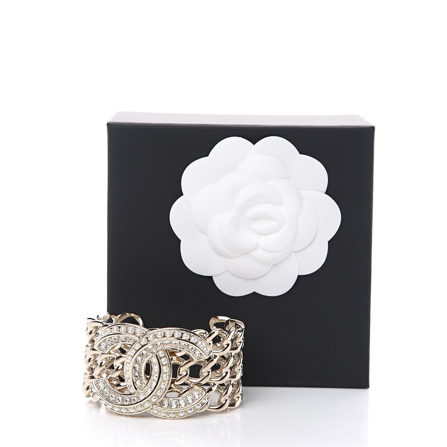 Crystal Pearl Chain CC Cuff Gold