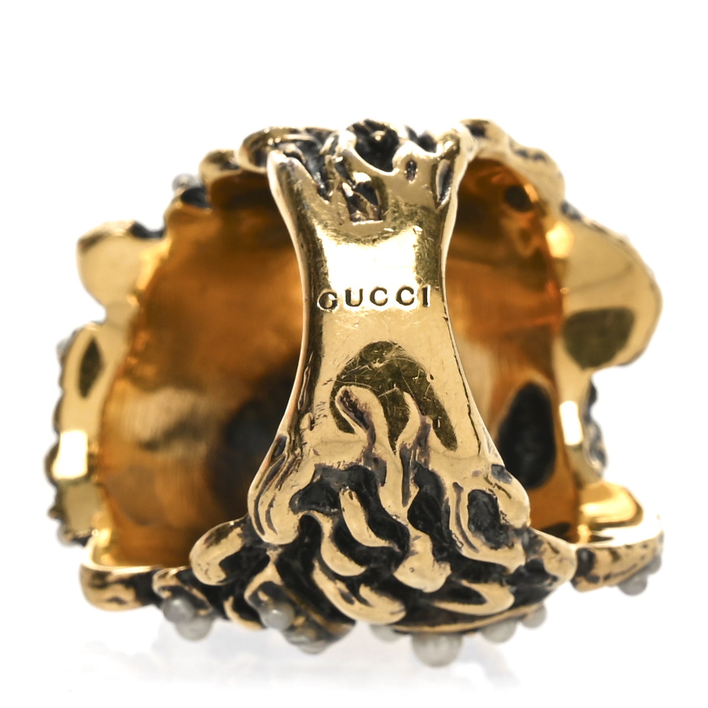 Metal Pearl Crystal Lion Head Ring 58 8.25 Aged Gold