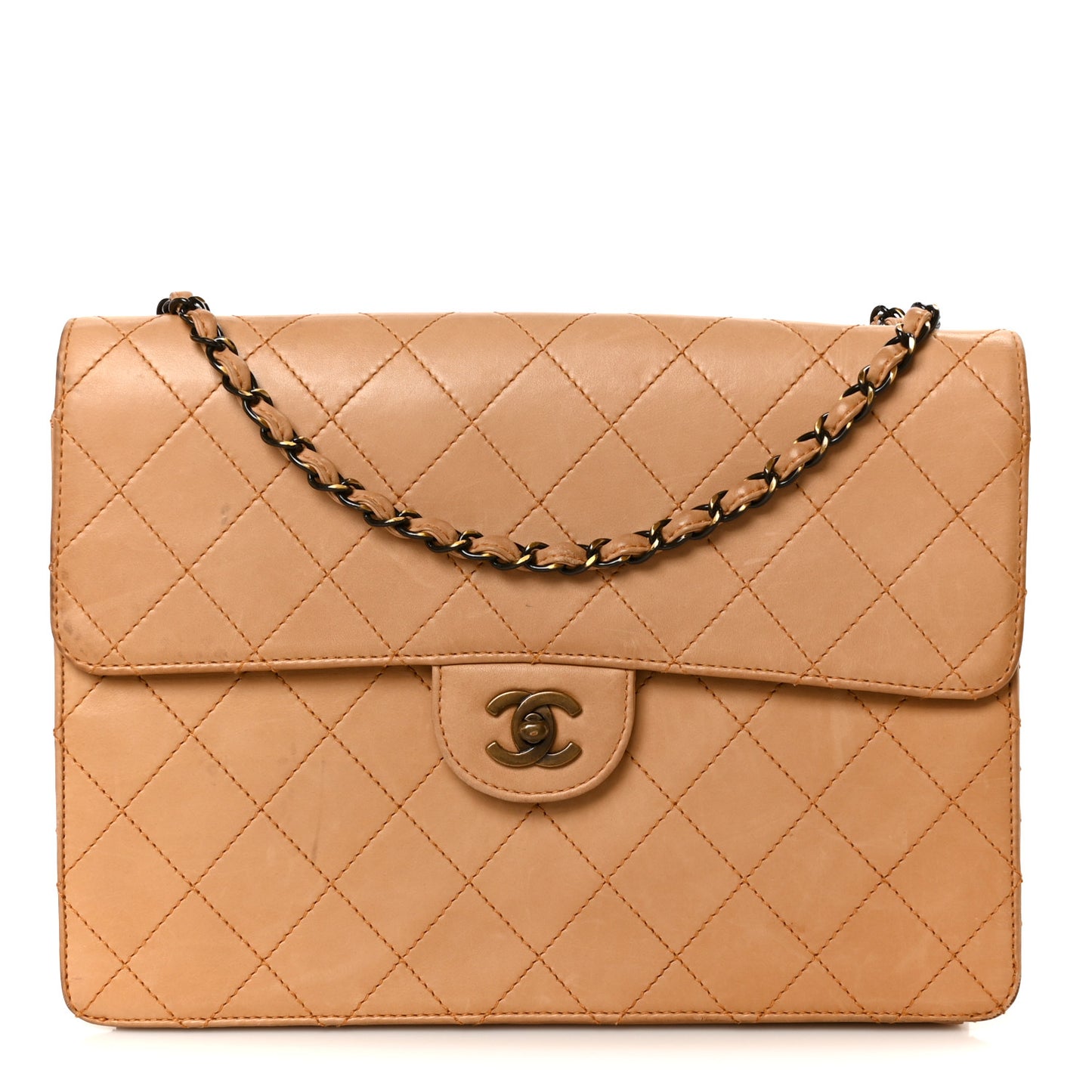 Lambskin Stitched Jumbo Single Flap Beige