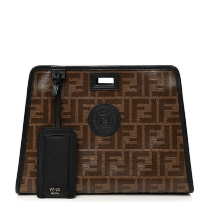 Fendi Glazed Fabric Vitello Century FF 1974 Stamp Patch Mini Peekaboo Defender Cover Mogano Panna Black 1 of 8