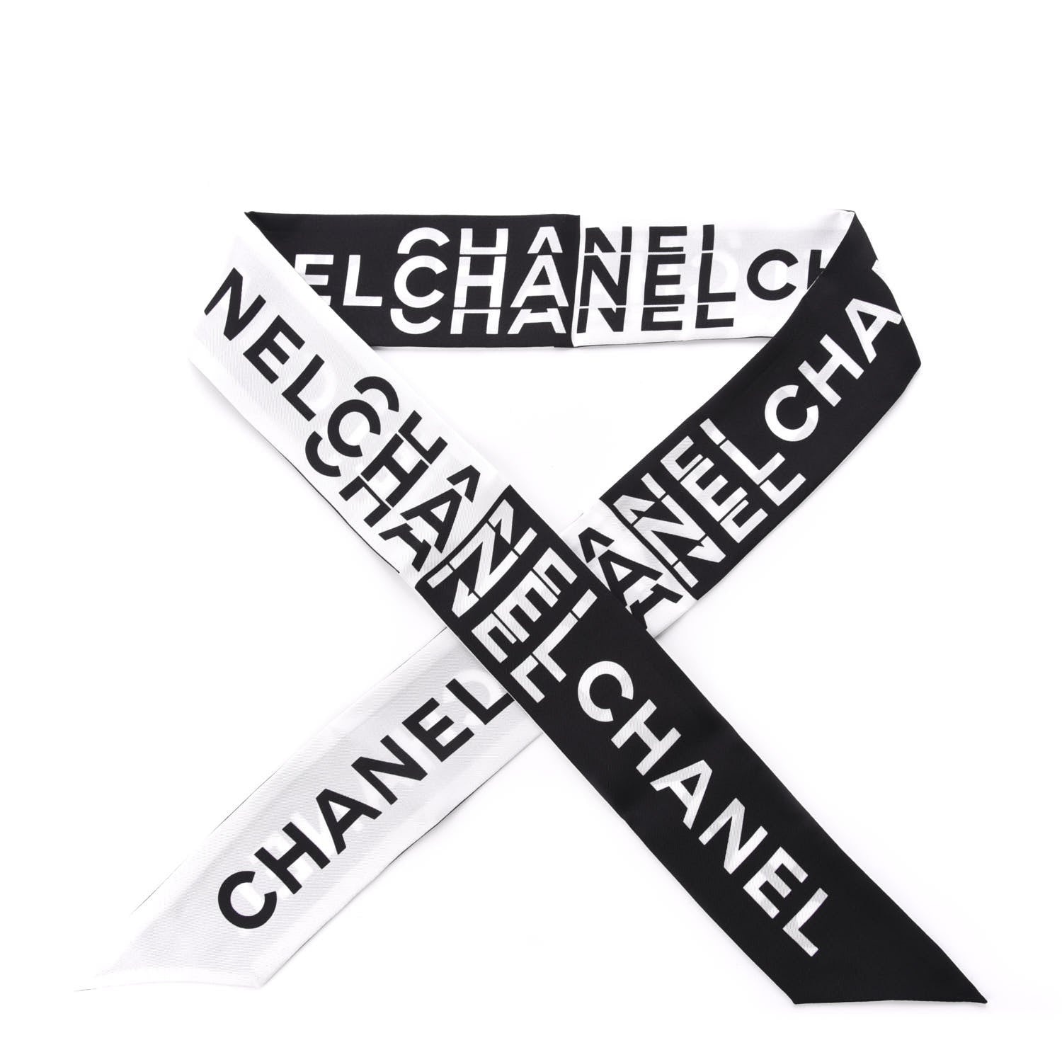 Chanel Silk Logo Slim Bandeau Scarf Black White 1 of 4