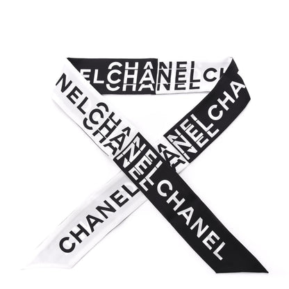 Chanel Silk Logo Slim Bandeau Scarf Black White 1 of 4