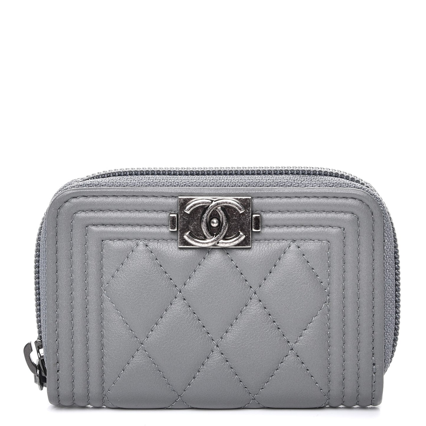 Calfskin Quilted Boy Zip Around Coin Purse Wallet Grey