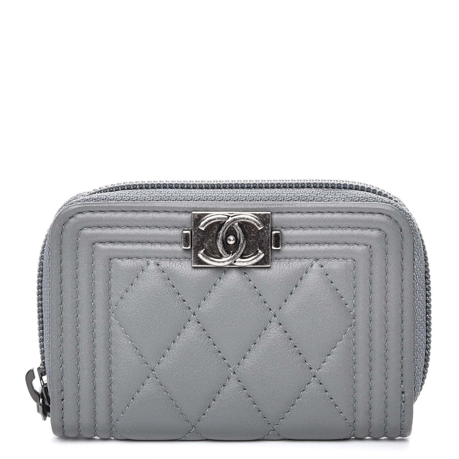 Chanel Calfskin Quilted Boy Zip Around Coin Purse Wallet Grey 1 of 8