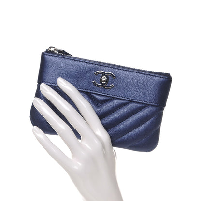 Chanel Metallic Sheepskin Chevron Quilted Small Vintage Mademoiselle Cosmetic Case Navy 2 of 8