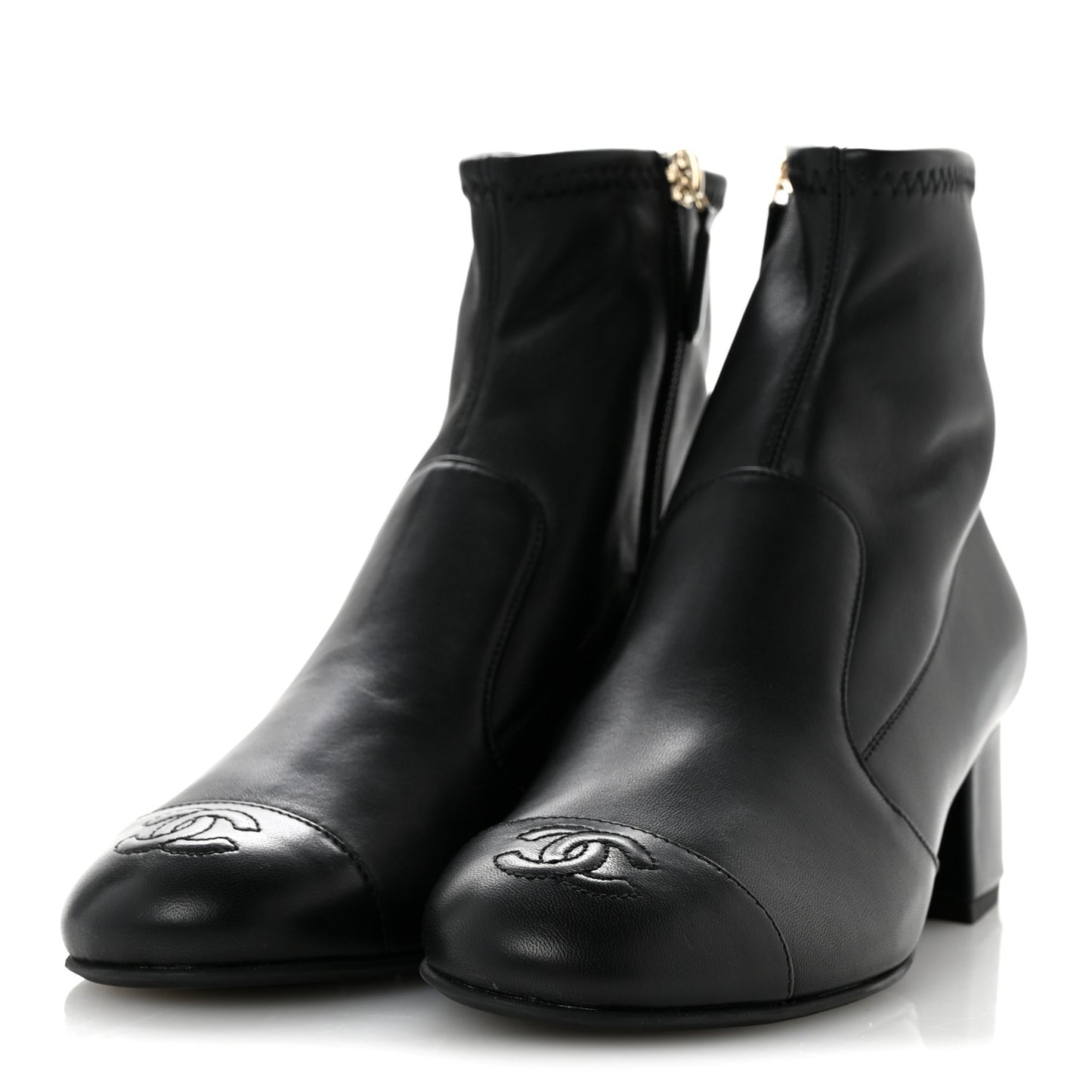 Stretch Lambskin Cap Toe CC Uniform Short Boots 35 Black