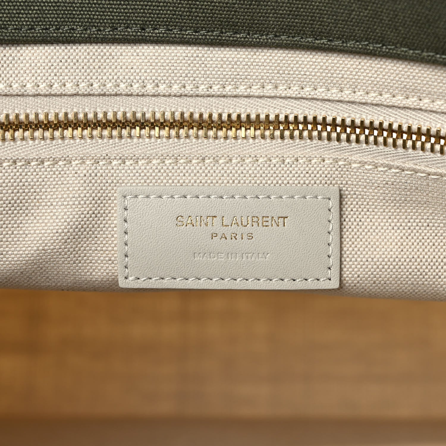 Saint Laurent Linen Calfskin Small Rive Gauche Tote Military Green Blanc Vintage 6 of 10