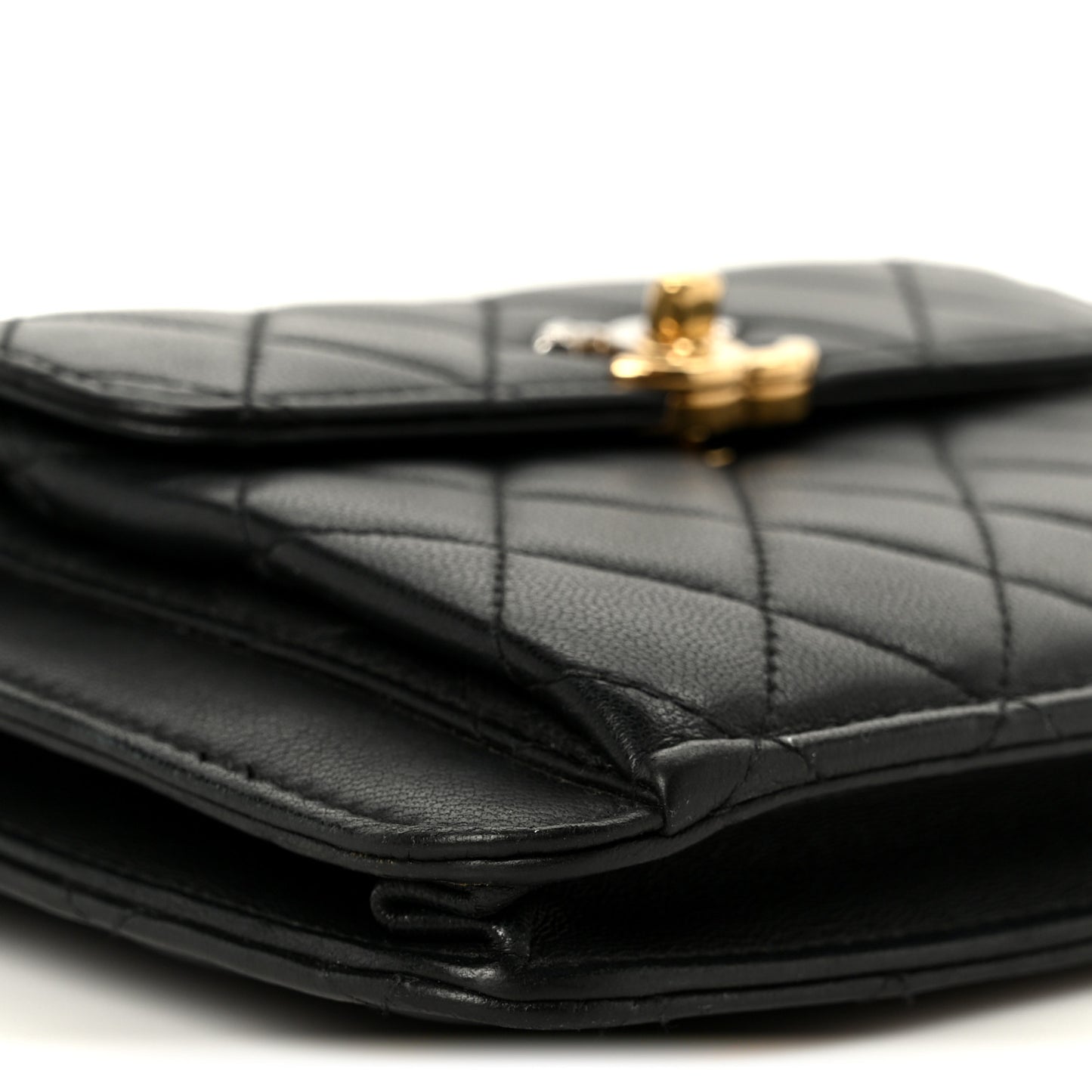 Lambskin Quilted Square Front Pocket Clutch With Chain Black