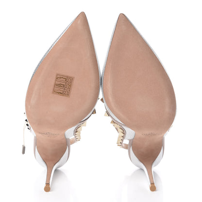 Valentino Garavani Metallic Pebbled Calfskin Rockstud Ankle Strap Pumps 37 Silver Poudre 5 of 9