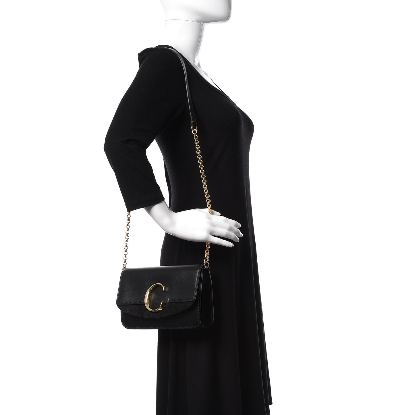 Calfskin Suede C Clutch With Chain Black