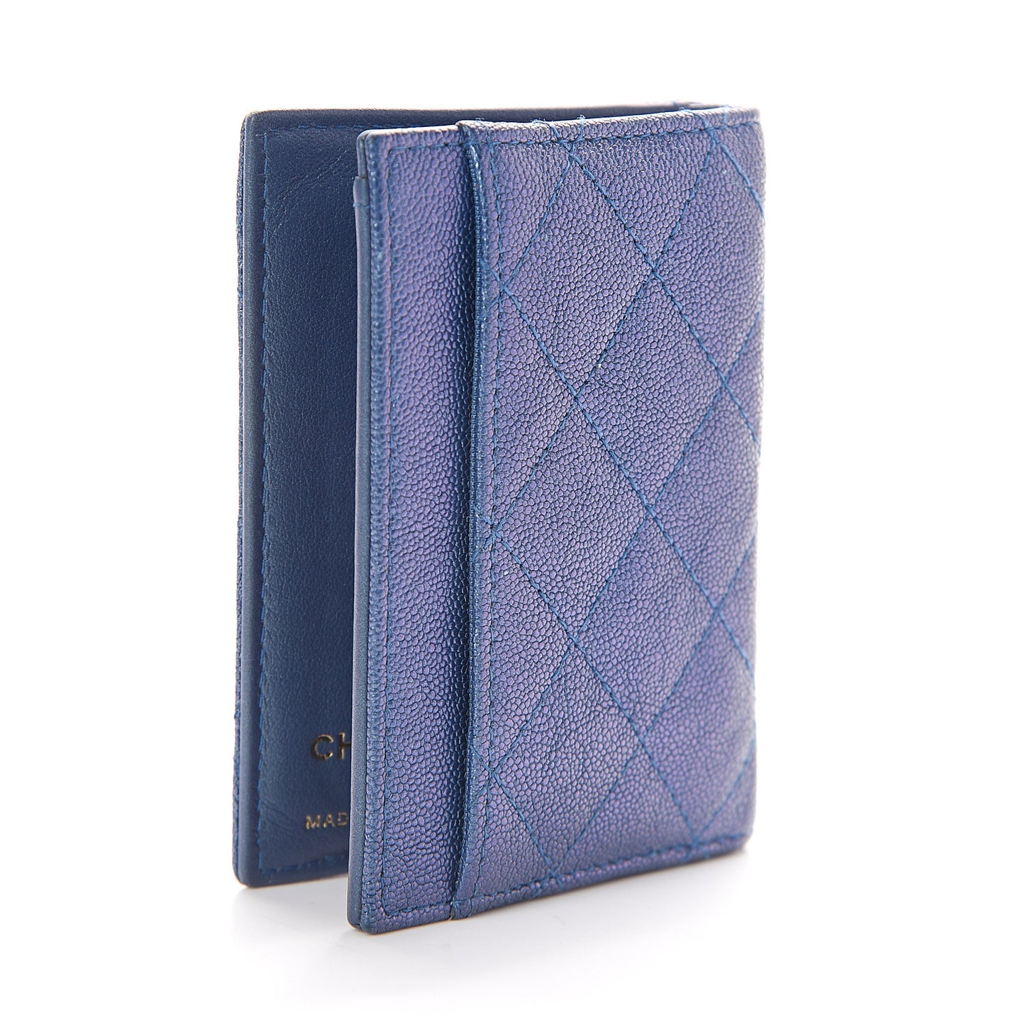 Iridescent Caviar Quilted Card Holder Wallet Dark Blue