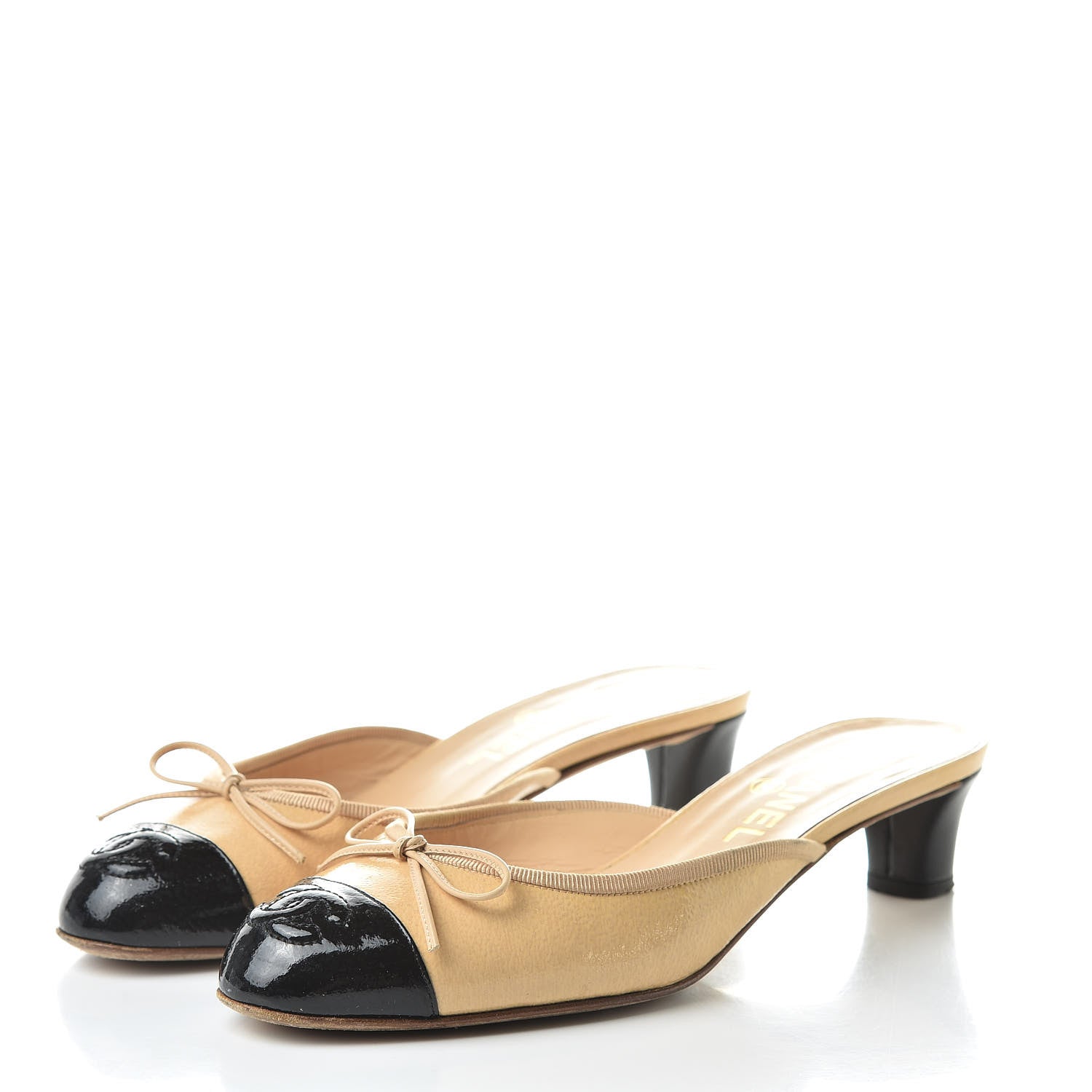 Chanel Lambskin Cap Toe CC Mules 37.5 Beige Black 3 of 14