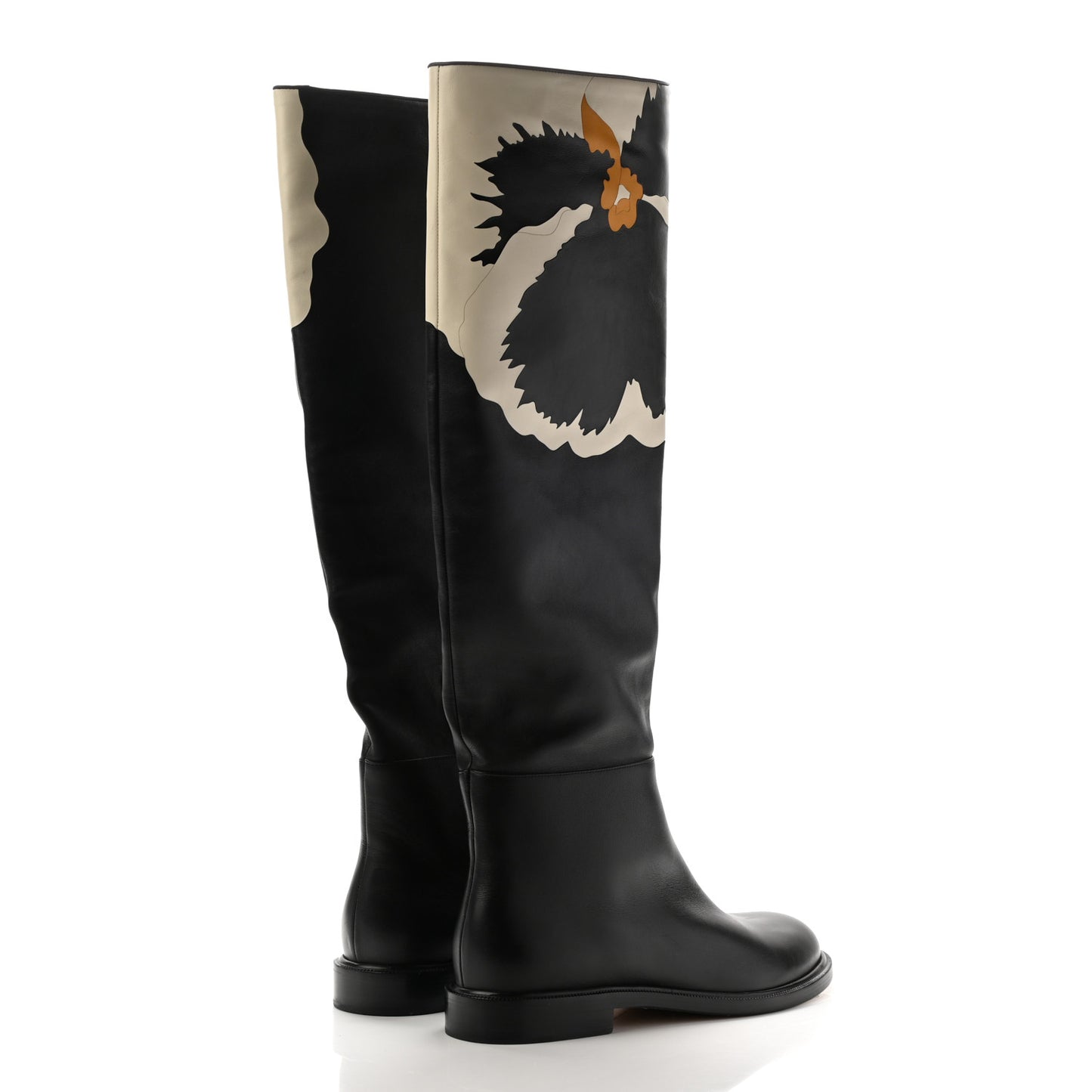 Calfskin Floral Print Knee High Flat Boots 39.5 Black